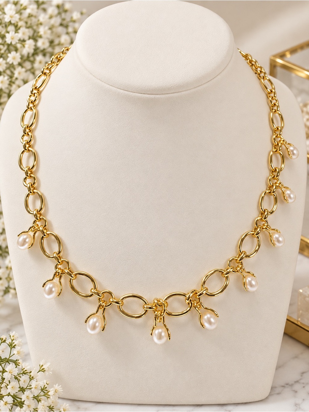 Kendra Scott Gold Link Necklace with White Pearl Charms